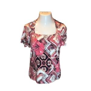 TRIBELLA Fantastic Rose & Black Print Bling Top! Size L